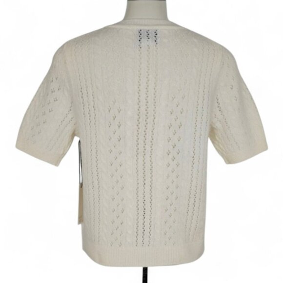 NWT RACHEL ZOE Women's Ivory Merino Wool Short Sleeve Pointelle Cardigan Size M - Picture 2 of 14